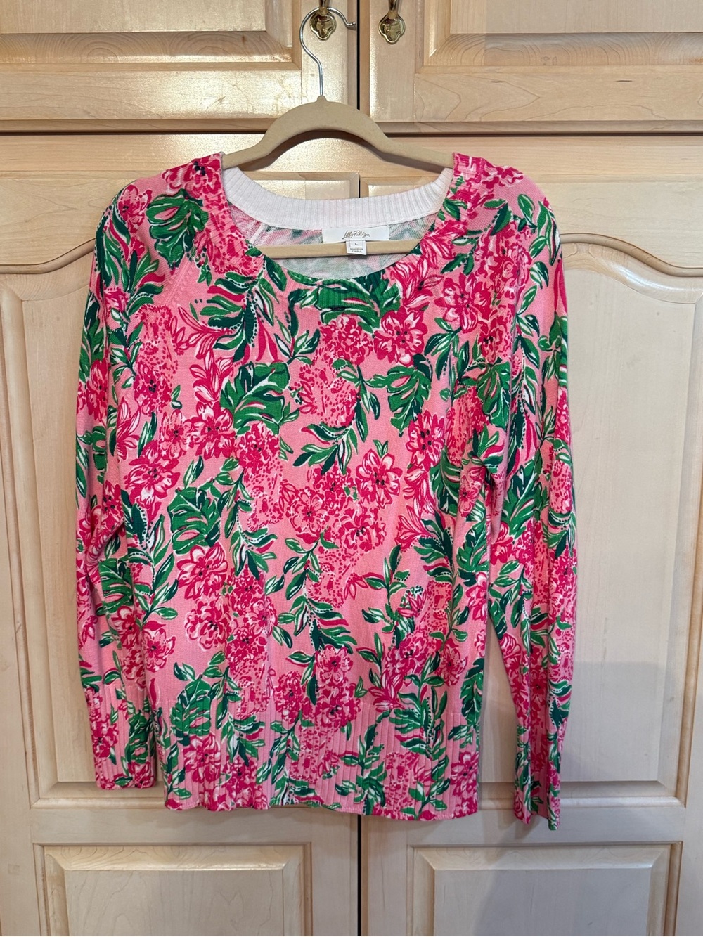 Lilly Pulitzer Pink Floral Long Sleeve sweater with Green Leaf Print